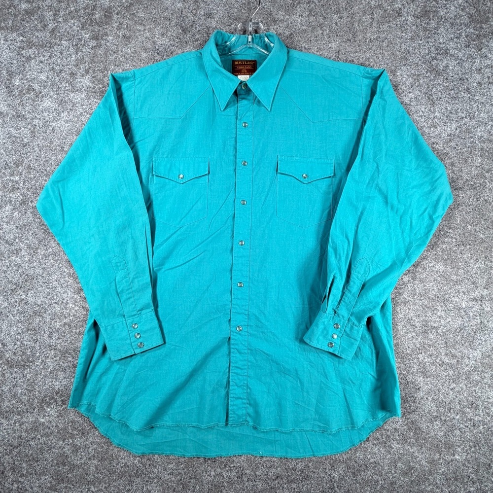 Vintage 90s Rustler Western Shirts Mens XL Tall Teal Pop Preppy Pearl Snap Roper - Picture 1 of 16
